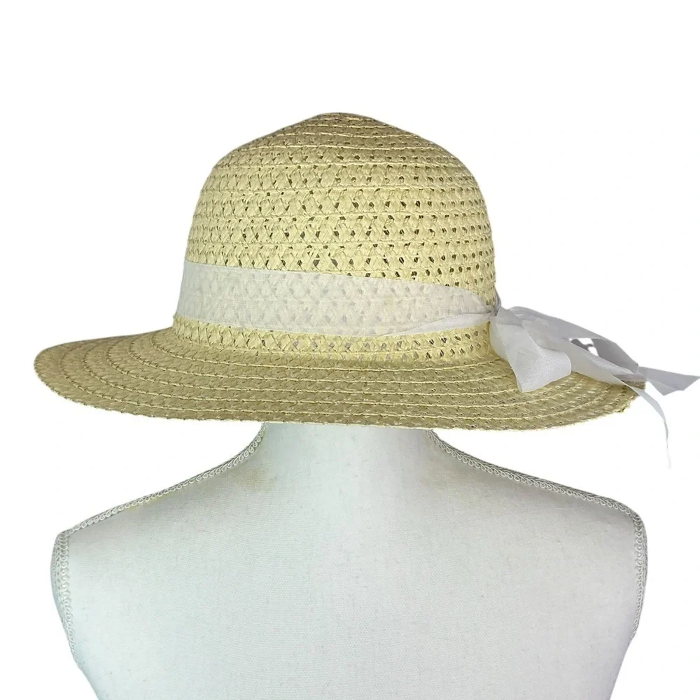 Straw Sun Garden Beach Hat Floppy Wide Brim White Ribbon Neutral Yellow Women OS - Picture 11 of 16